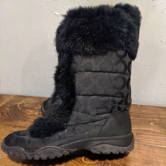 COACH Jennie Q522 Rabbit Fur Trim Monogram Winter Snow Boots - Black 6.5 B - Picture 2 of 6